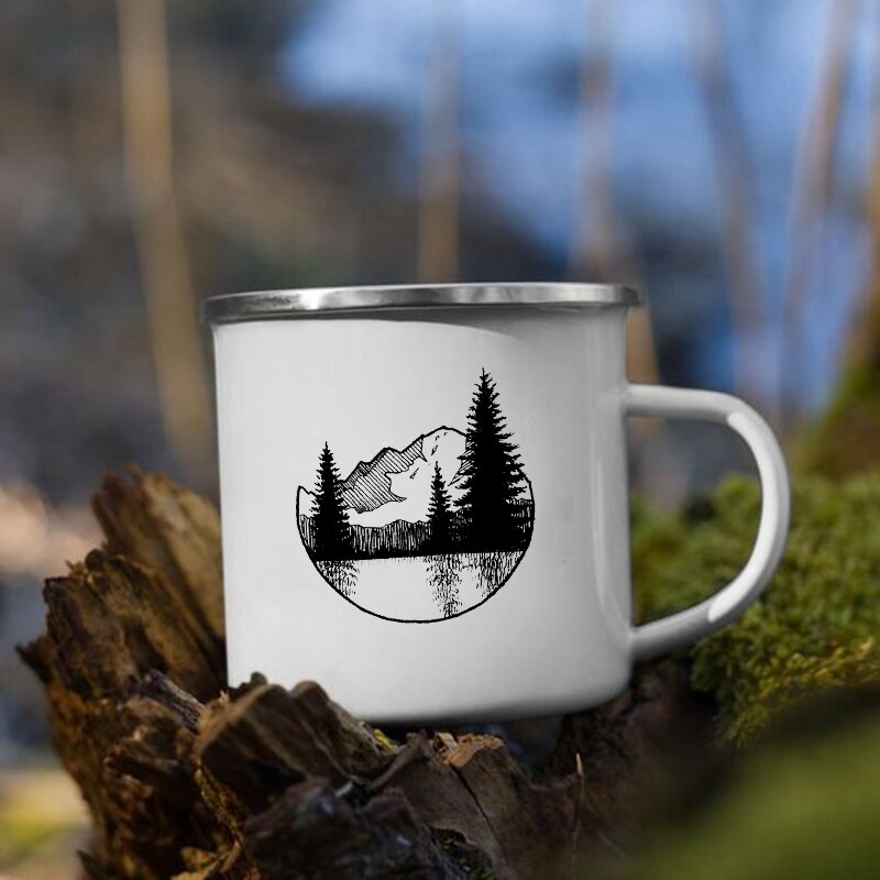 Taza con estampado de bosque y montaña, tazas creativas para café, té, bebidas, agua, desayuno, leche, Camping, senderismo, con asa,: XH1714-A015WH-8