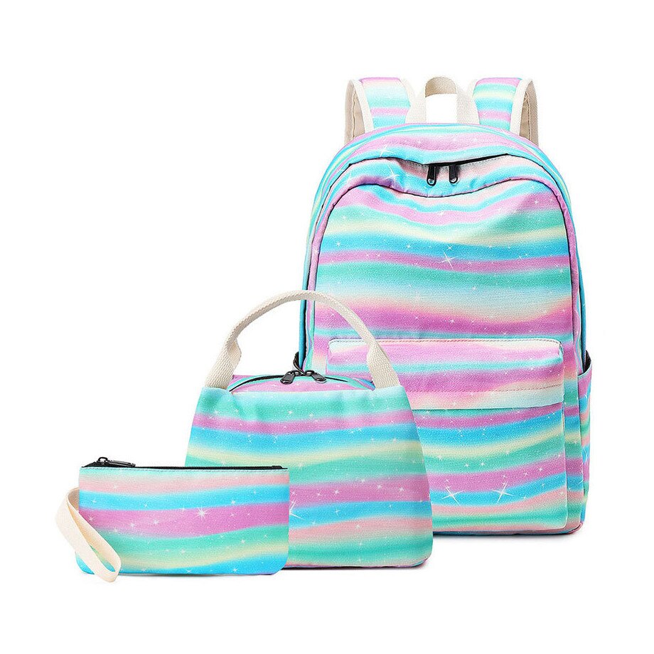 Fengdong Schooltassen Voor Tienermeisjes Mode Streep Waterpfoof School Rugzak Set Kinderen Voedsel Zak Kids Pen Potlood Tas Set: Green-3