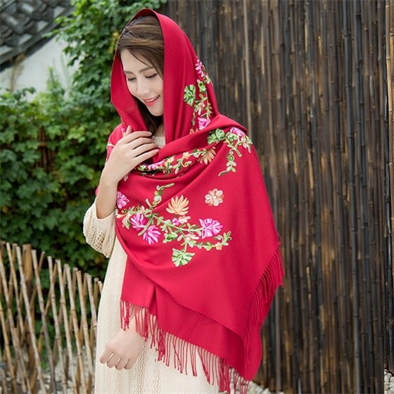 Borduren Bloemen Sjaal Vrouwen Kasjmier Katoen Viscose Sjaals Soild Plain Borduur Sjaals Moslim Kwasten Hijaabs GP02: burgundy