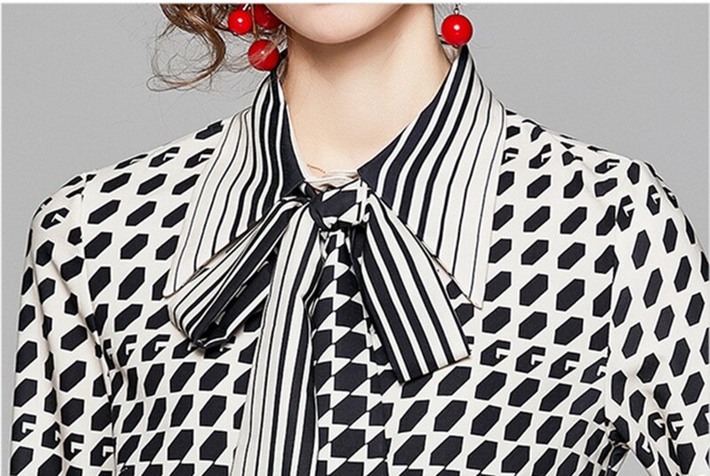 Blusa de gasa con estampado geométrico para mujer, camisa de manga larga para oficina, ropa coreana, , Primavera,