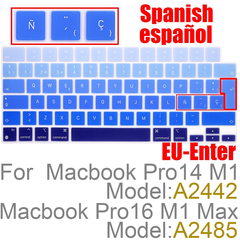 Coque de clavier espagnol/chilien en Silicone, pour MacBook Pro14 , version A2442 M1, puce Pro16 M1 Max A2485: EU-ES-blue