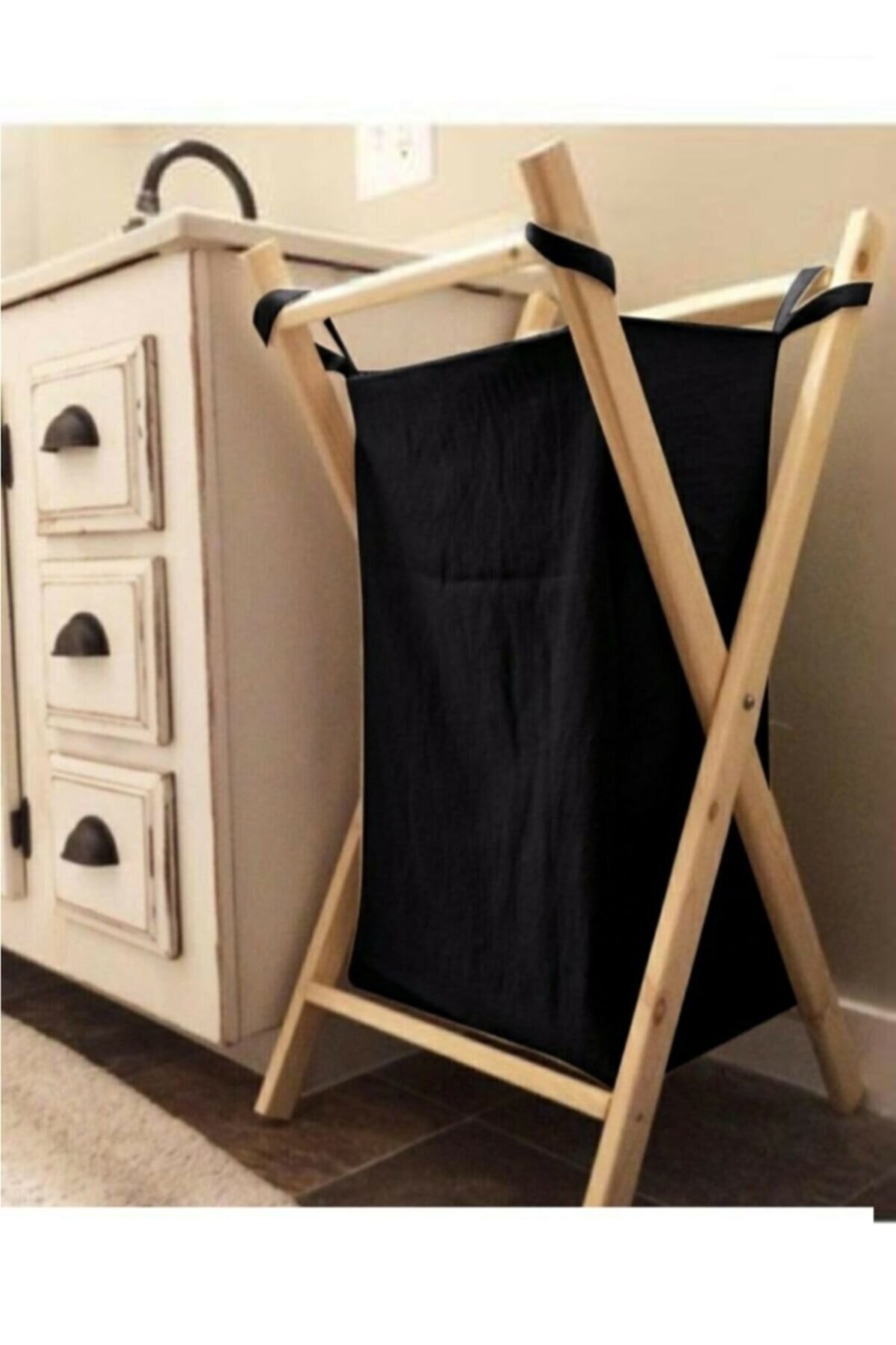 Beige Wooden Decorative Rustic Laundry Basket Dirty Laundry Folding Large Capacity Clothing Storage Bucket Home Organizer: Black