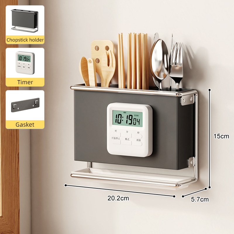 Soporte para cubiertos para encimera de cocina, montado en la pared, sin taladro, cuchillo, organizador de palillos, estante de almacenamiento de drenaje para utensilios de cocina: Castaño