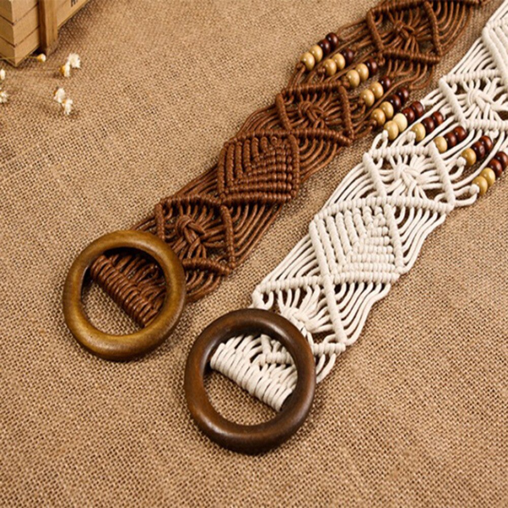 Brand Bohemian style belts for women ladies wooden bead Braided wide knitted belts for female dress