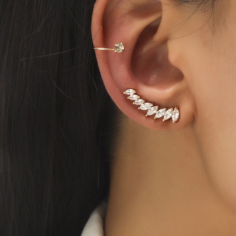1 Set Minimalistische Little C Cubic Zircon Kraakbeen Blad Oorbellen Clips Sets Voor Vrouwen Chic Street Stijl Oor Manchetten