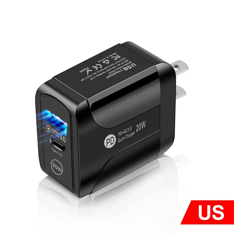 Uslion Eu Plug 20W QC3.0 Fast Charger Usb Opladen Pd Usb Snellader Adapter Voor Iphone 12 Samsung Xiaomi smart Telefoon Oplader: US Black