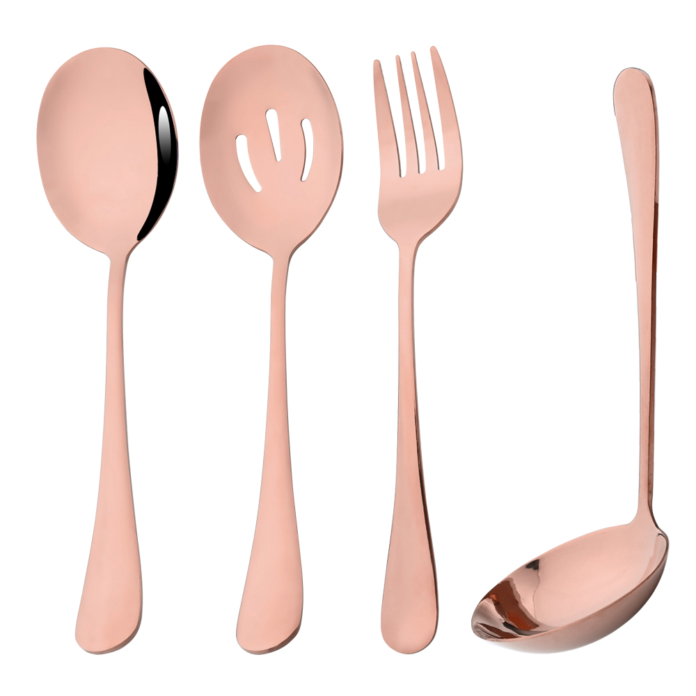 Drmfiy Silver 4Pcs Stainless Steel Cutlery Serving Utensils Buffet Catering Dinnerware Set Serving Colander Spoon Fork Flatware: Rose