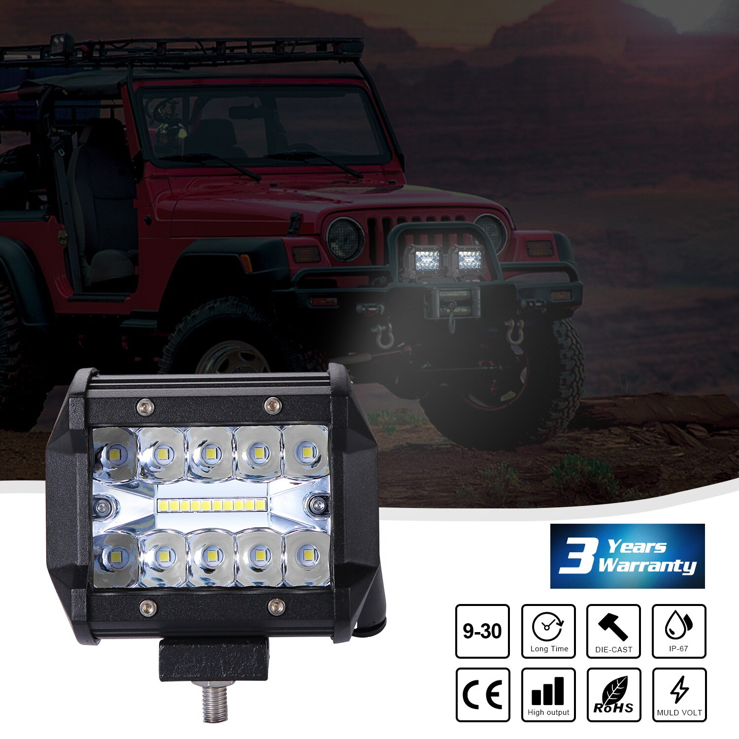1Pieces 4 Inch 200W LED Car Work Light Three Row Mount Combo Driving Lamp For Caravan Truck Off-road Trailer