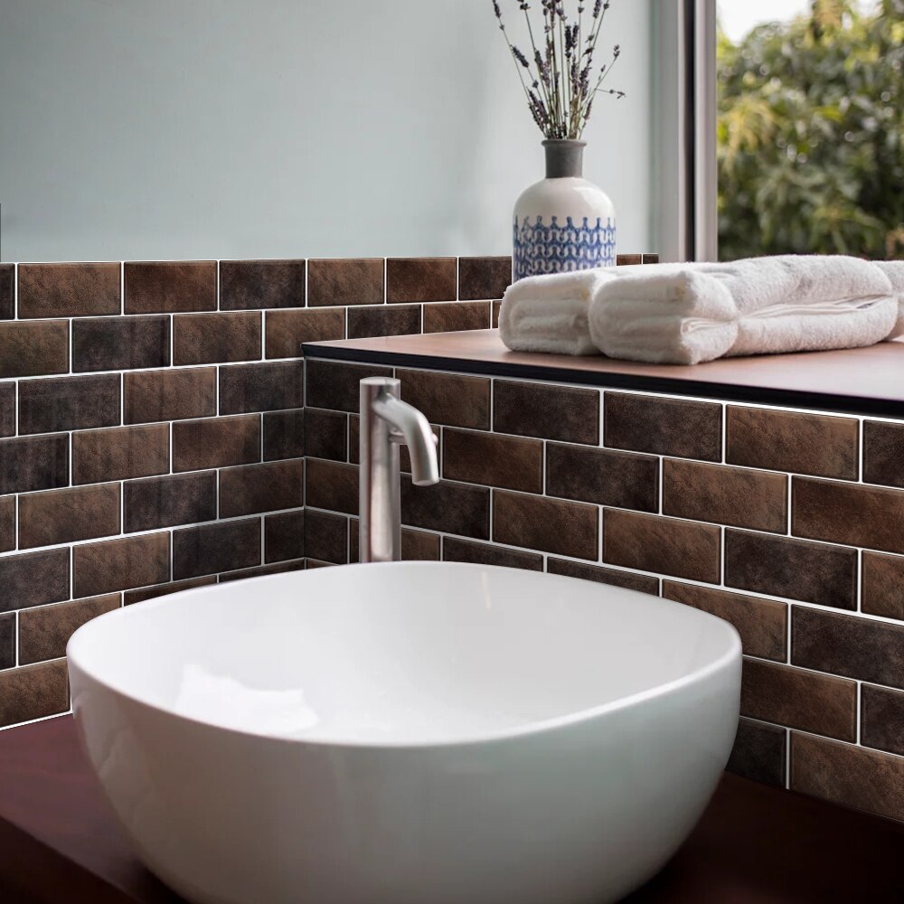 Decoración de pared de cerámica Retro europea, pegatinas autoadhesivas a prueba de aceite para azulejos de baño, impermeables, Marrón sólido