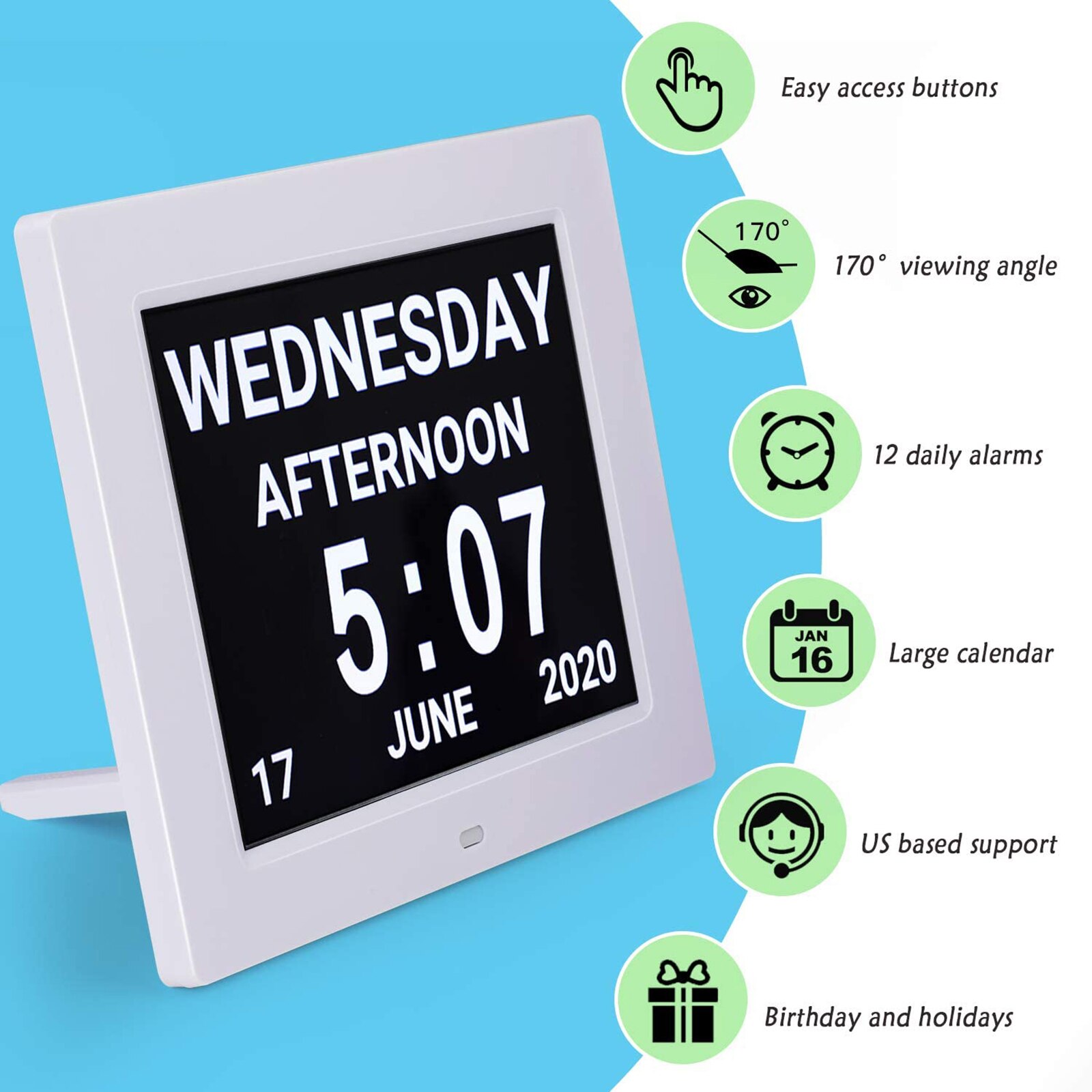 8" Large Screen Digital Calendar Alarm Day Clock Dementia Elderly Seniors Non-Abbreviated