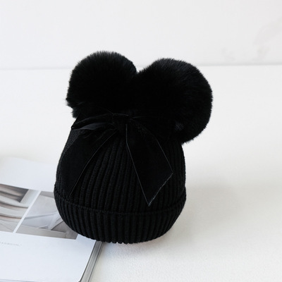 Chapeau à Double pompon tricoté | Bonnet d'hiver, chapeau plus épais, Bonnet pour enfants bébés: Black