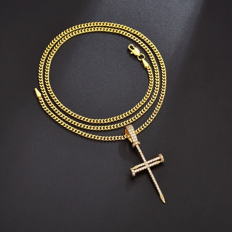 Cross Pendant Hip Hop Nail Cross Pendant Necklace CZ Stones Stainless Steel Chain Necklaces For Men Women