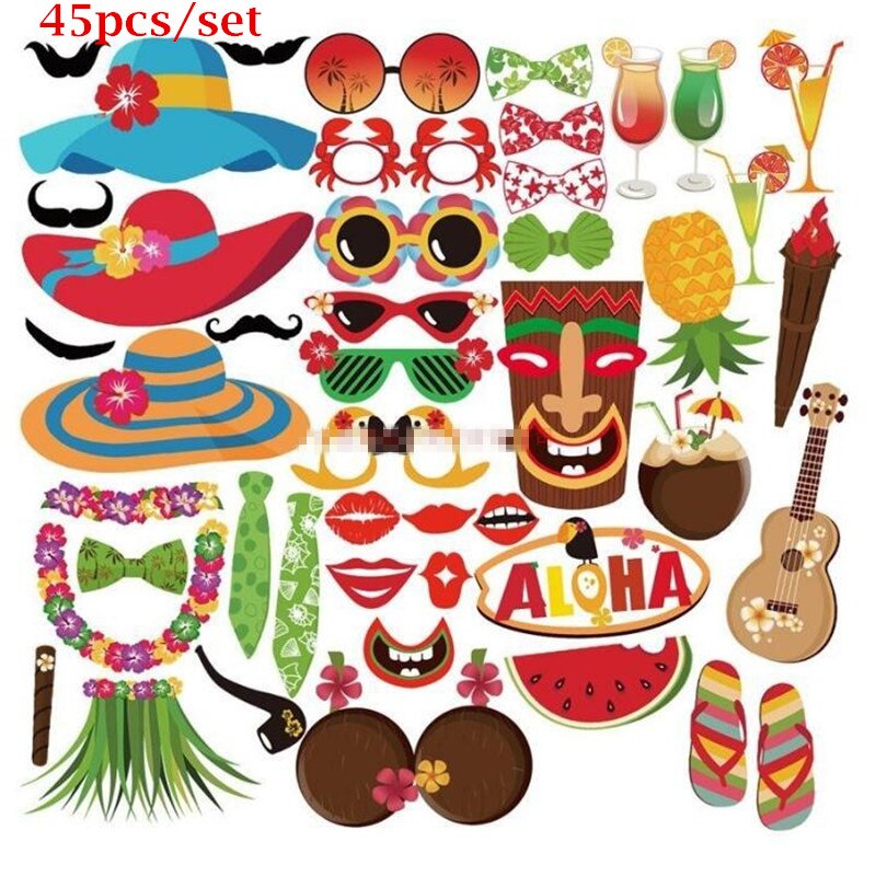 Hawaii Photo Booth Props Hoed Zonnebril Guirlande Papier Foto Props Zomer Tropische Feestjurk Decoratie: 45pc