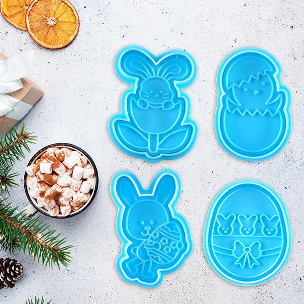 4Pcs DIY Happy Easter Bunny Egg Plastic Baking Mold Kitchen Biscuit Cookie Cutter Pastry Plunger 3D Fondant Cake Baking Tool