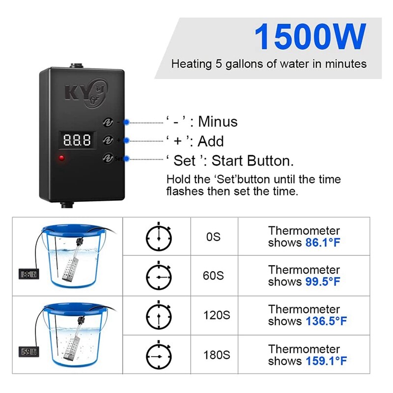 Immersion Water Heater 2500W Electric Bucket Heater with Timer Auto Shut Off Tub Heater for Home Winter EU Plug