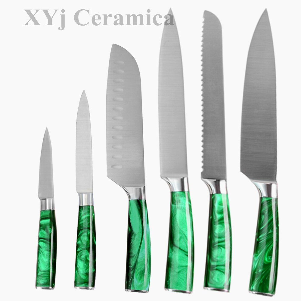 XYj-Juego de cuchillos de cocina de acero inoxidable, juego de cuchillos con Mango Verde de 8 pulgadas, Santoku, cortador de pan de Chef, rebanador chino 3CR13: A 6pcs set green