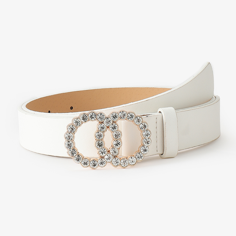 D &amp; T-Cinturón de para mujer, con dos círculos de diamante, hebilla decorativa, Material de cuero PU, cintura de estilo informal para mujer: white