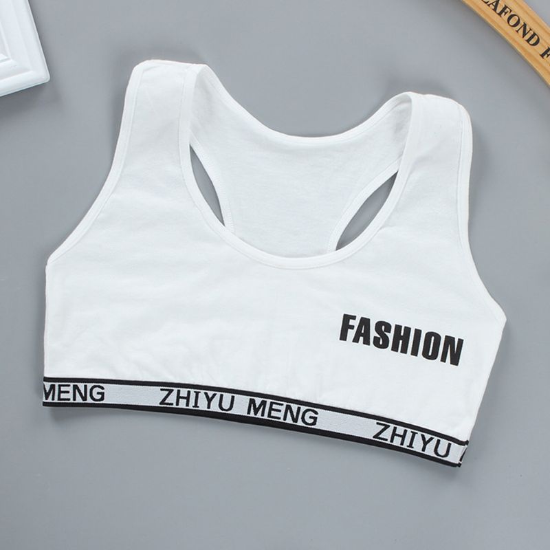 Junior Girl Racerback Cotton Sport Training Bra Letter Print Solid Color Wide Strap Underwear Bralette Seamless Layered Crop Top