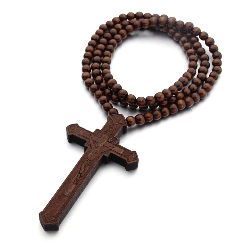Retro rosenkrans pärlor halsband för kvinnor kors jesus hänge religiösa kristna smycken berlock: Brun 1 trä
