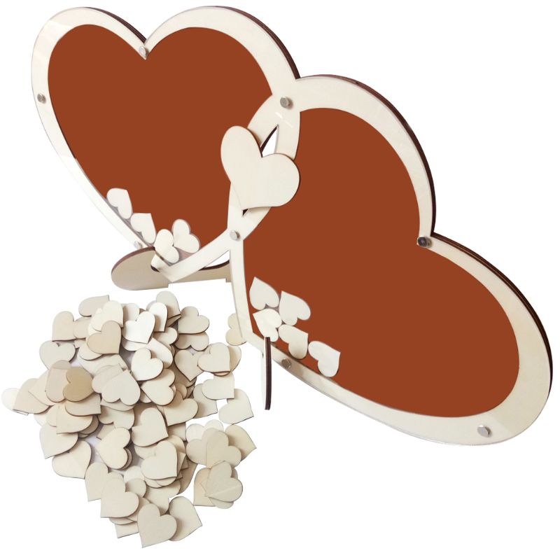 Unikt dubbelhjärta bröllop gästbok signatur skylt med 100 trä hjärtan ram rustik inredning