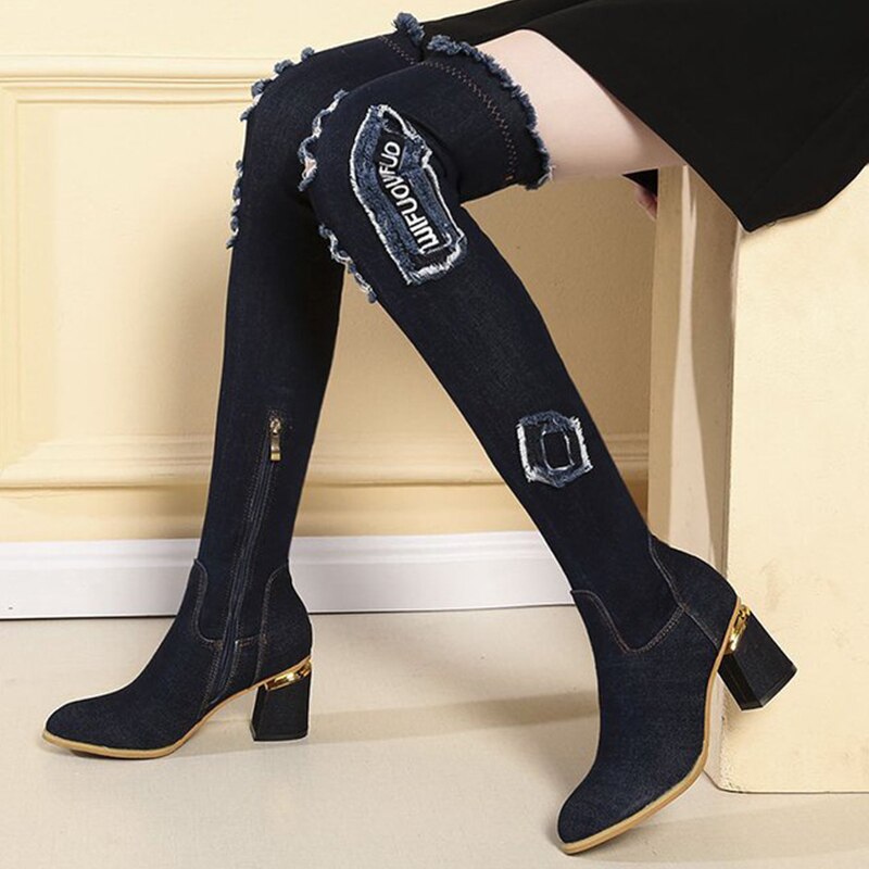 Denim damskie buty na buty do kolan szpiczasty nosek grube szpilki buty kobieta dorywczo dżinsy z frędzlami zakolanówki buty Botas Mujer