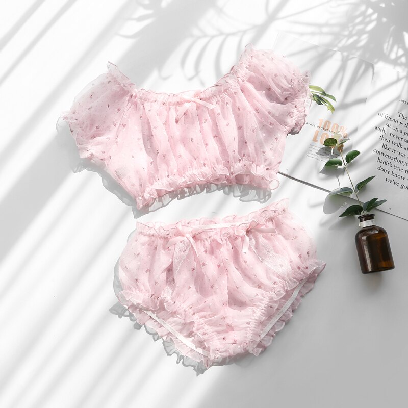 Pastal jente stil sexy undertøy undertøy gjennomsiktig blomster søt chiffon vakker tube topp bh truse ben ring 3 stk sett