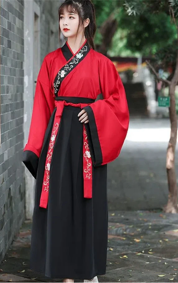 Robe Hanfu de style chinois, martilles d'arts de broderie, olympiques de cosplay de danse, kimono noir blanc rouge, prairie: M / black