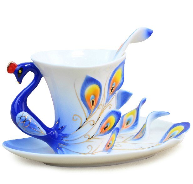Påfågel kaffekopp keramisk benporslin 3d färgvalentinsdag bröllop bestie vänner födelsedag kopp: Himmelsblå