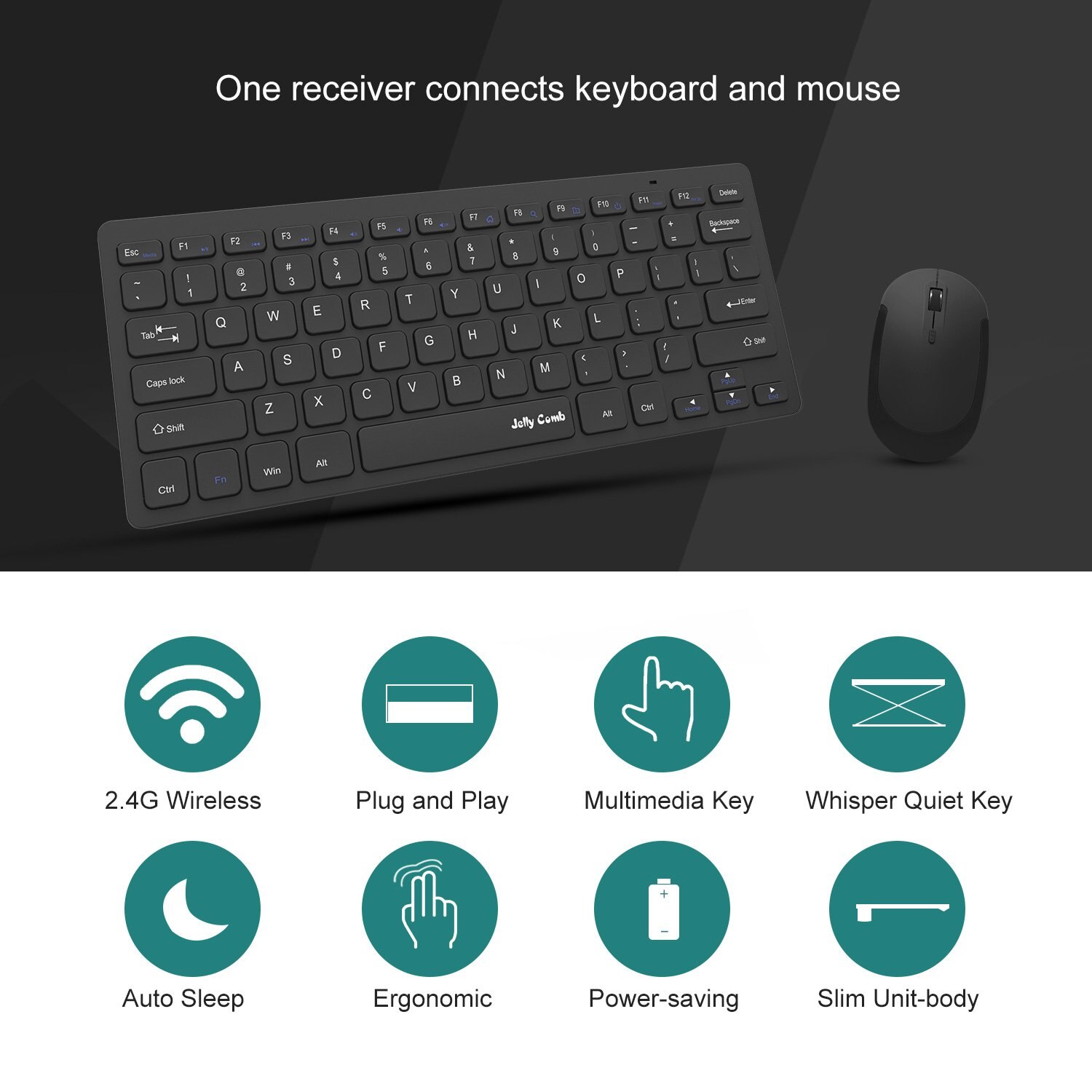 Jelly Comb 2.4G Wireless Keyboard and Mouse Slim Quiet Small Keyboard and Mouse Combo for Windows Laptop PC Notebook DE US