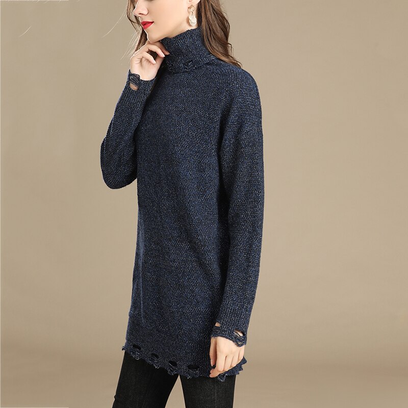 Women's turtleneck sweater oversized winter clothes Long sleeve Silver flash tattered decoration women pullover