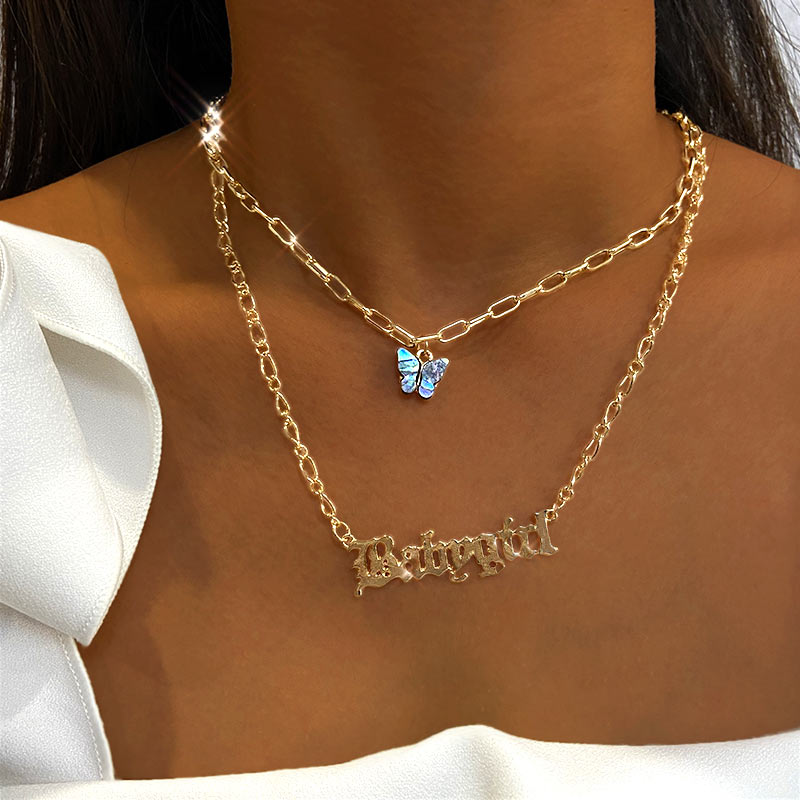 Personalize Punk Letter Necklaces For Women MultiLayer Acrylic Butterfly Charms Pendants Chain Necklace Vintage Jewelry