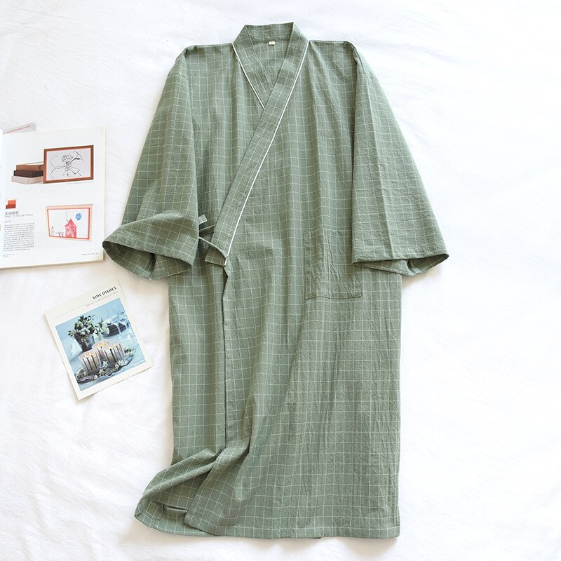 Bata de baño de algodón 100% para hombre, Kimono de estilo japonés, a cuadros, de gasa, suelta, ropa de dormir humeante