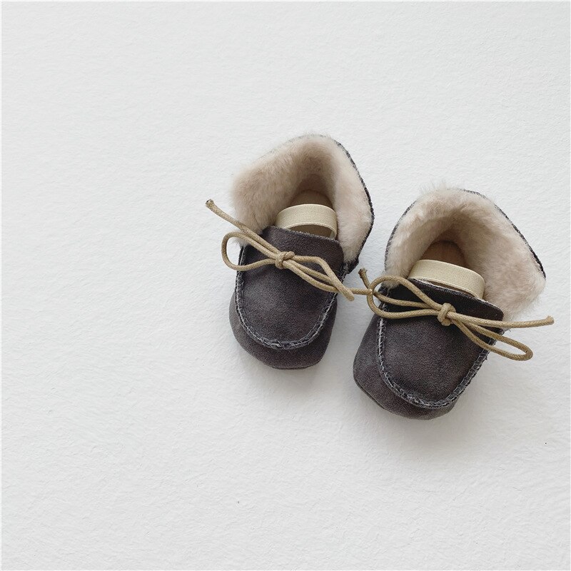 Winterliche koreanische babystiefel, samtschuhe für kleinkinder, rutschfeste mokassins für mädchen und jungen, flauschige babyschuhe mit fellfutter, lauflernschuhe: Grau / Einlegesohle 13cm