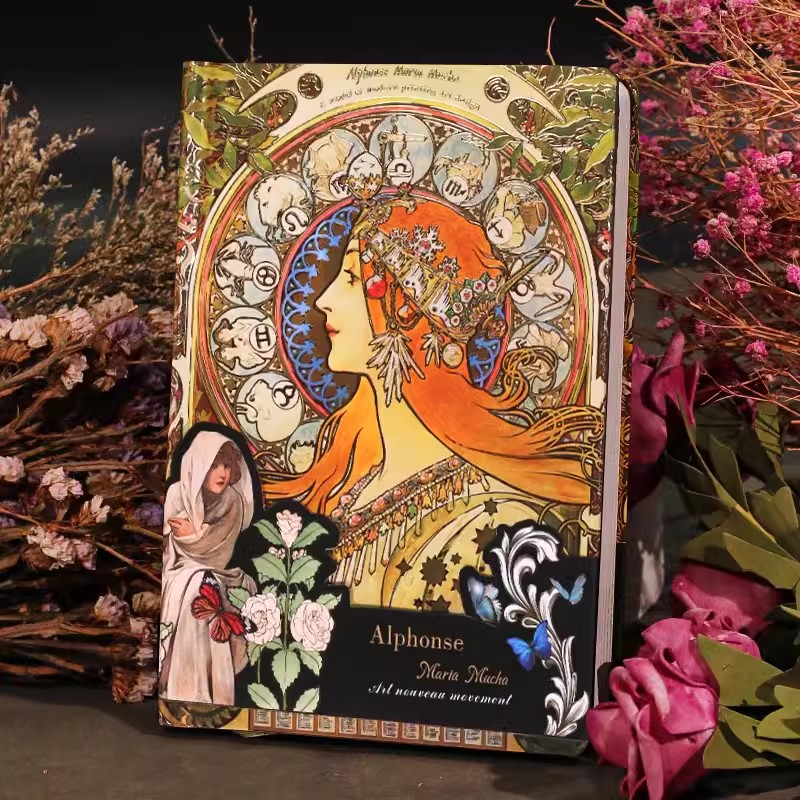 Mucha's Famous Painting Series Retro Hardcover Notebooks Classic Color Page Illustration B6 Diary Student Notepad: WHITE