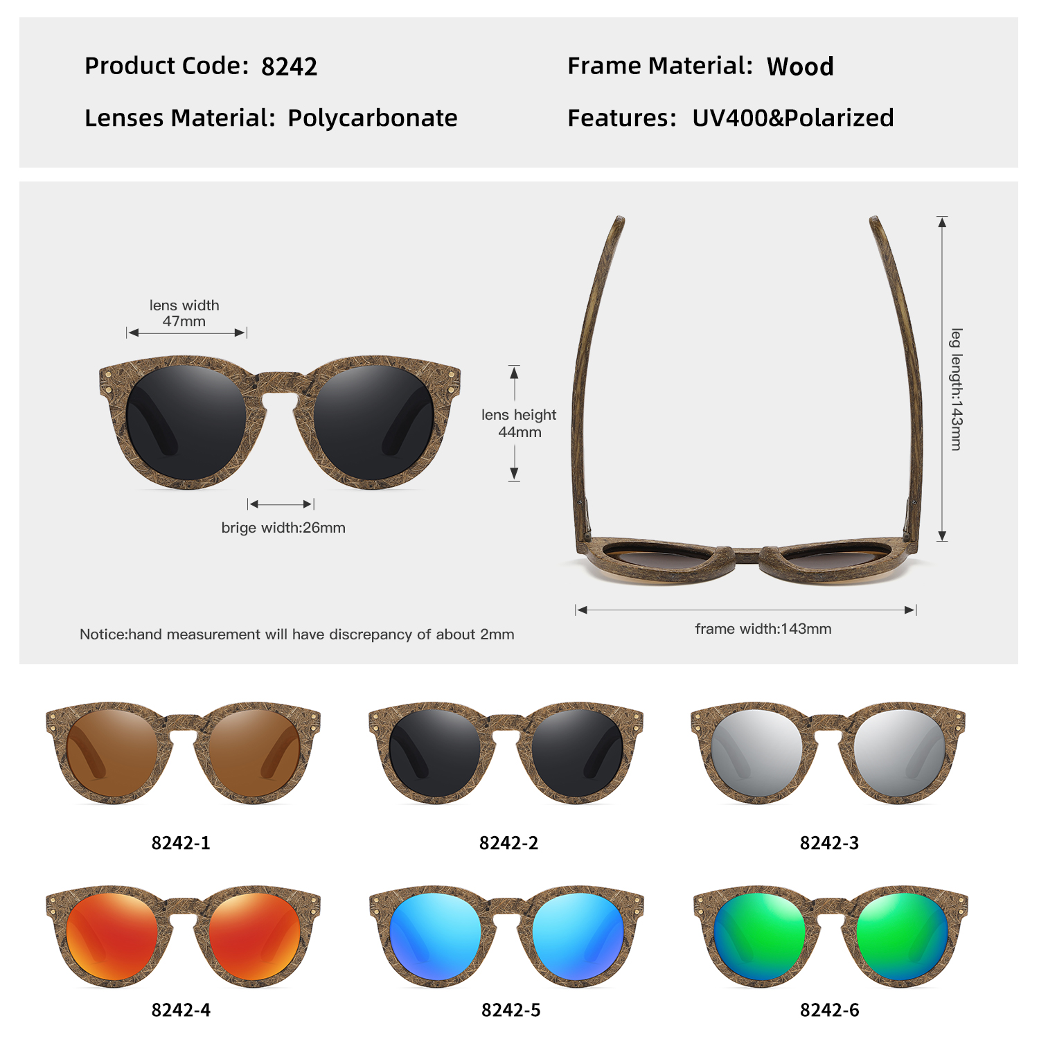 Kokosfaser-Sonnenbrille der GM. Umweltfreundliches neues Holz, polarisierter UV400-Schutz, natürliche Degradierungsbrille 8242