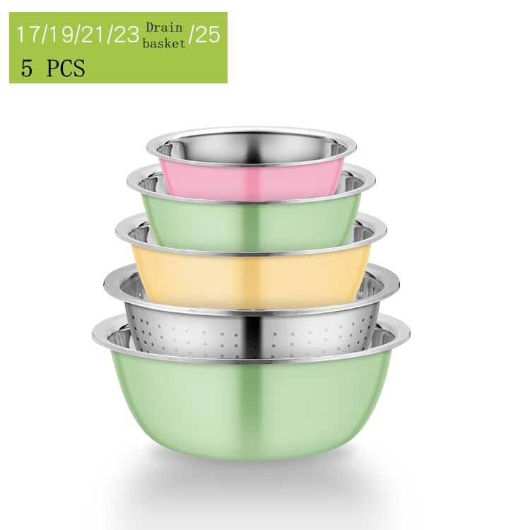 5PCS Stainless Steel Salad Bowl Drain Basket Drainer Mixing Bowls Set Kitchen Vegetables Fruit Washing Storage Container: 17-19-21-23-25 A