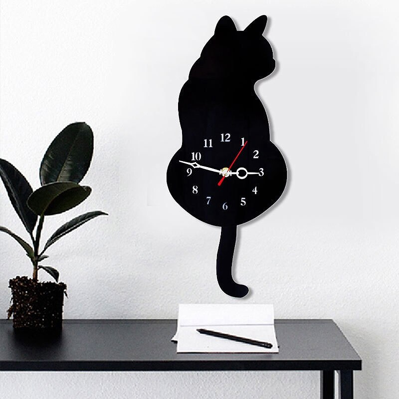 3D Cute Cat Wall Clock Wag Tail Silence Home Decoration Kids Black