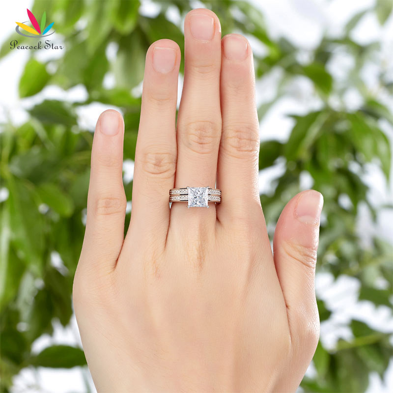 Peacock Star 1.5 Ct Princess Cut Solid 925 Sterling Silver 2-Pcs Wedding Promise Engagement Ring Set CFR8009S