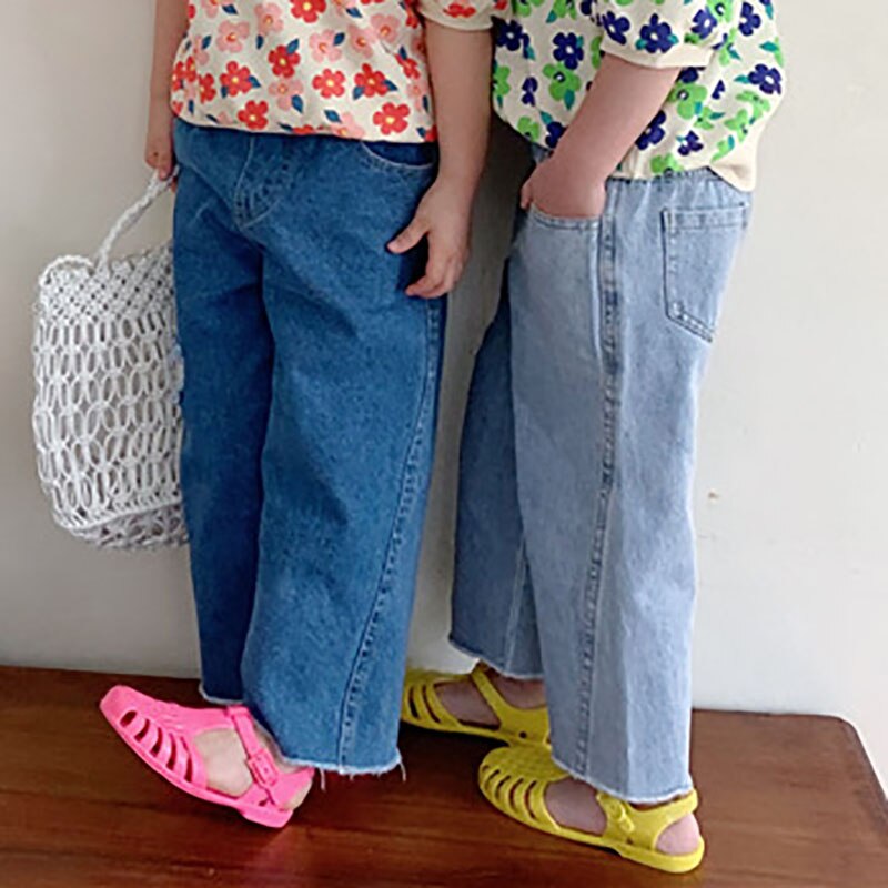 MILANCEL Été Nouveaux Enfants Pantalon Jean Déchiré à glissière Droite Vrac Solide Filles Pantalons Simple Décontracté Enfants Vêtements