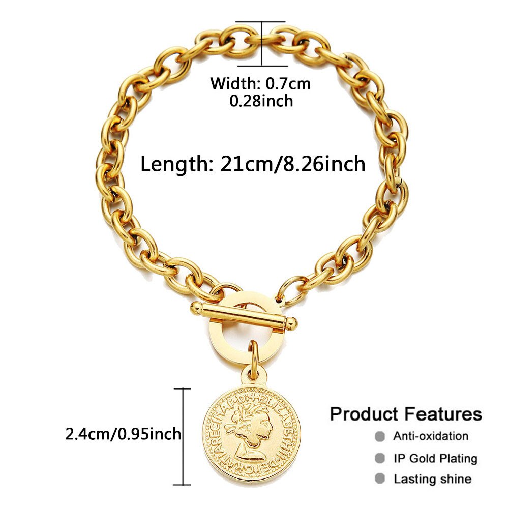 Hip hop aço inoxidável toggle beleza cabeça encantos pulseiras para mulheres homens ot fivela moeda pingente goth pulseira