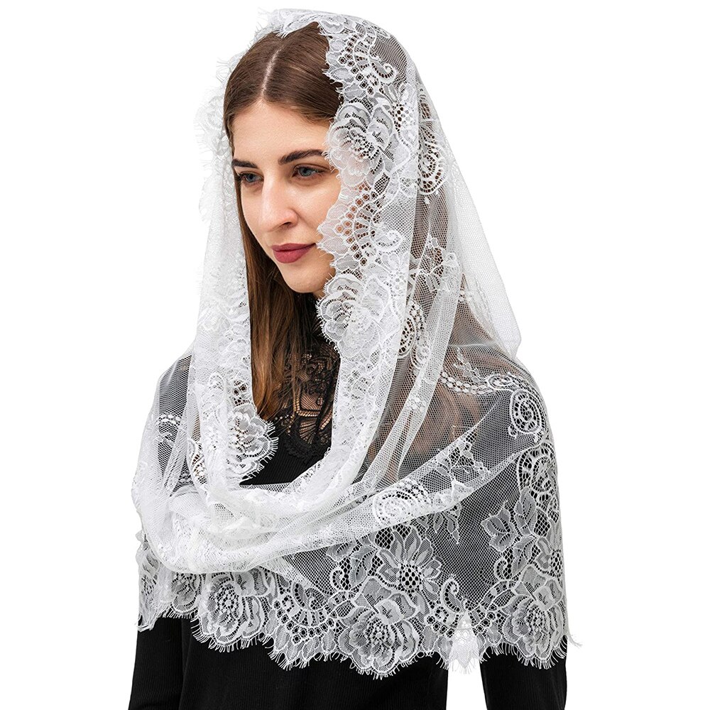 Women Vintage Infinity Scarf Lady Mantilla Lace Catholic Church Veil Head Covering Latin Mass Wedding Bridal Shawl Black: Ivory