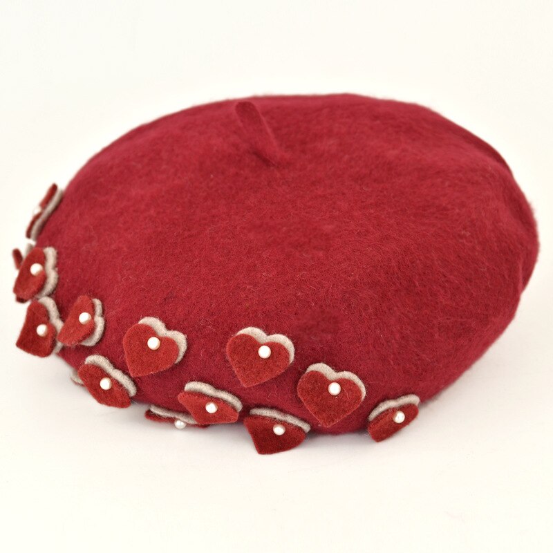 Boinas de lana coreanas decoradas con boinas de flores de perlas Otoño e Invierno buds sombrero azafata boinas de invierno para mujer: wine red