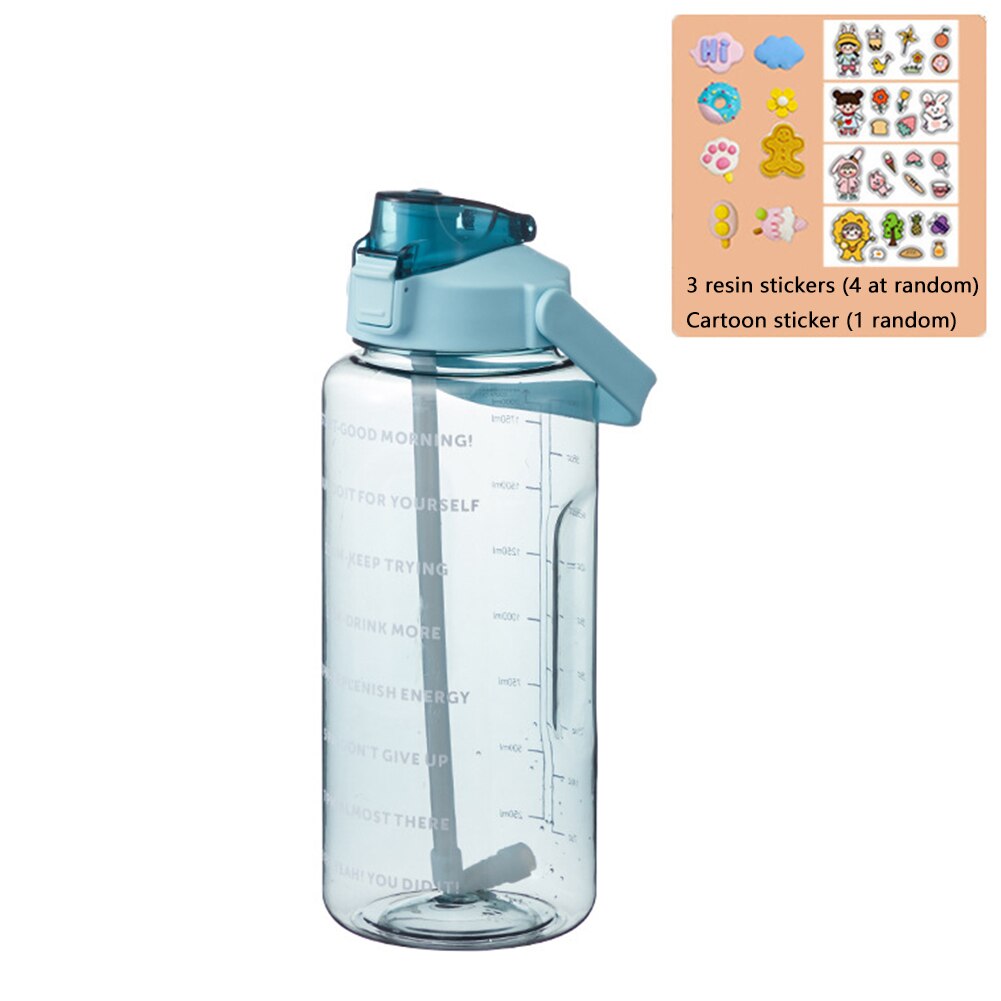 2L Große Kapazität Wasser Flasche mit prallen Kappe Timeline Erinnerung draussen Sport und Fitness Dicht Peeling Tasse mit aufkleber: 3DSticker  Grün