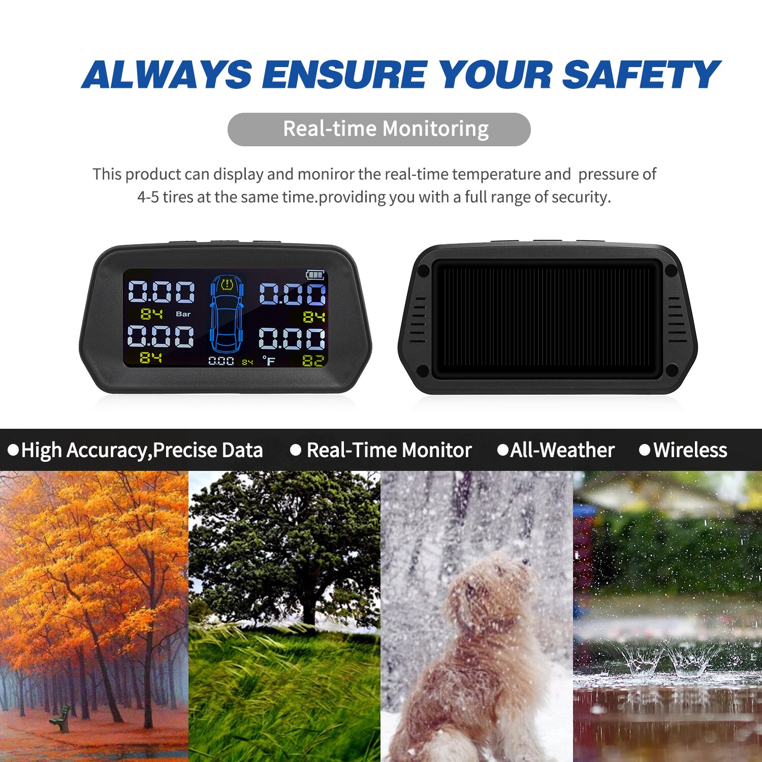 Smart TPMS Tire Pressure Monitoring System Solar Powered with 4/5 External Sensors 6 Alarm Function Real Time Display