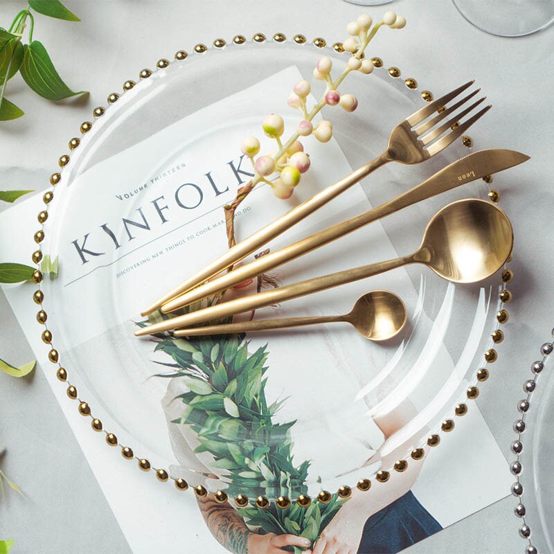 Transparent Tray Knife Fork Spoon Delicate Tableware Set Luxury Pearl Decorative Flat Glass Plate Dinnerware 5pcs/set: Gold set