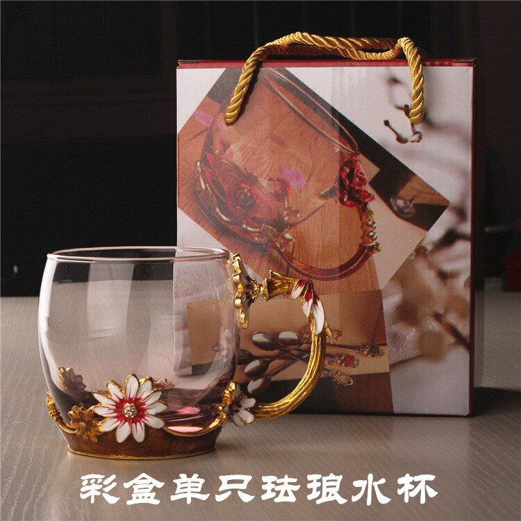 Daisy carved enamel water cup Cup color flower cup heat resistant glass: Short cup purple