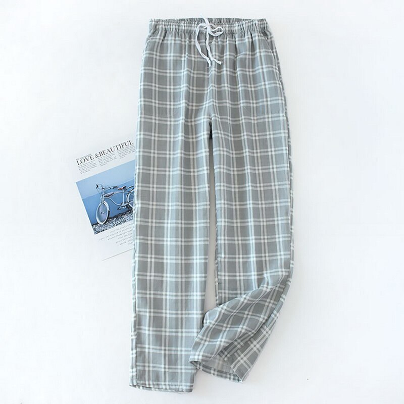 MJARTORIA Men's Cotton Gauze Trousers Plaid Knitted Sleep Pants Mens Pajamas Pants Bottoms Sleepwear Pajama Short For Men Pijama: gray / L