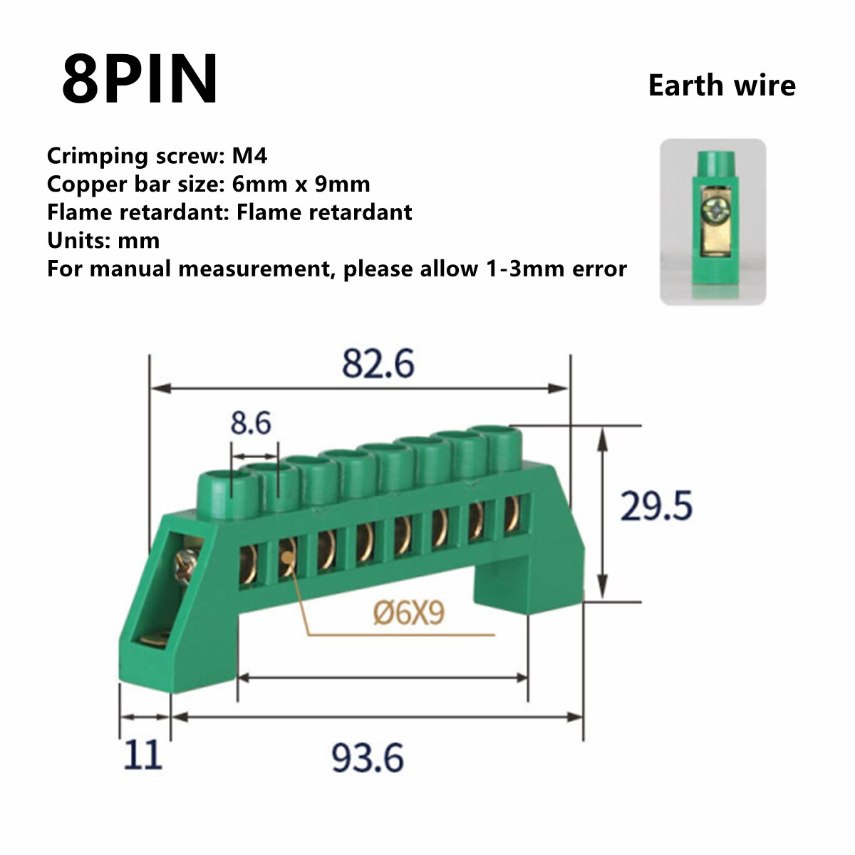 Blue White Green Zero Line 4Pin 6Pin 8Pin 10PiN 12PiN Brass Screw Grounding Bridge Terminal Block Connector Earth And Neutral: Green 8 Pin