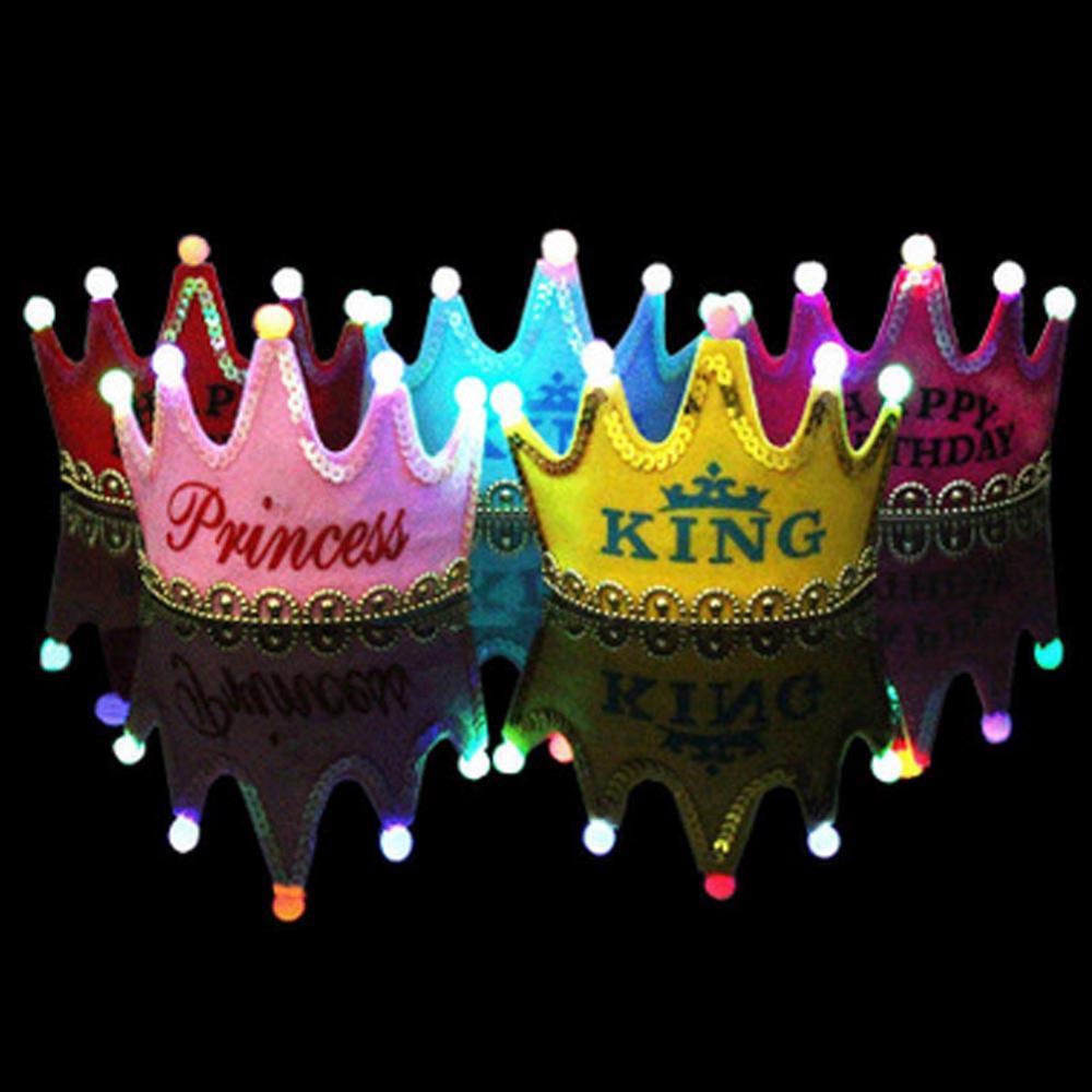 LED King Princess Happy Birthday Felt Crown Hats Baby Shower Boy Girl Birthday Party Headband Decorations Supplies