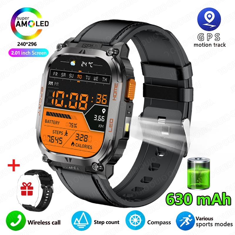 Smartwatch z wbudowanym GPS, wodoodporny IP68, bateria 630 mAh, kompas, barometryczny wysokościomierz, odtwarzanie muzyki Bluetooth, sterowanie głosowe AI, połączenia BT.: Czerwony